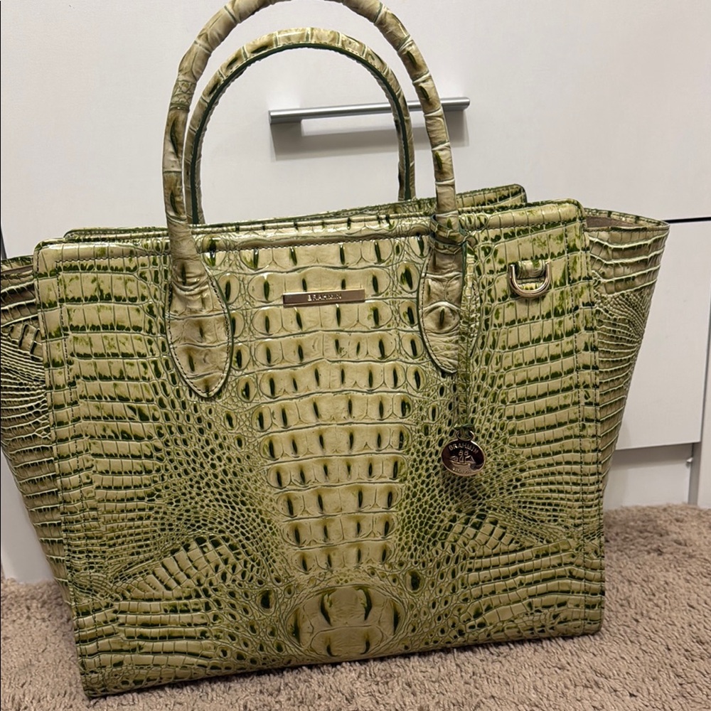 Brahmin Olive Green Croc-Embossed Top-Handle Tote